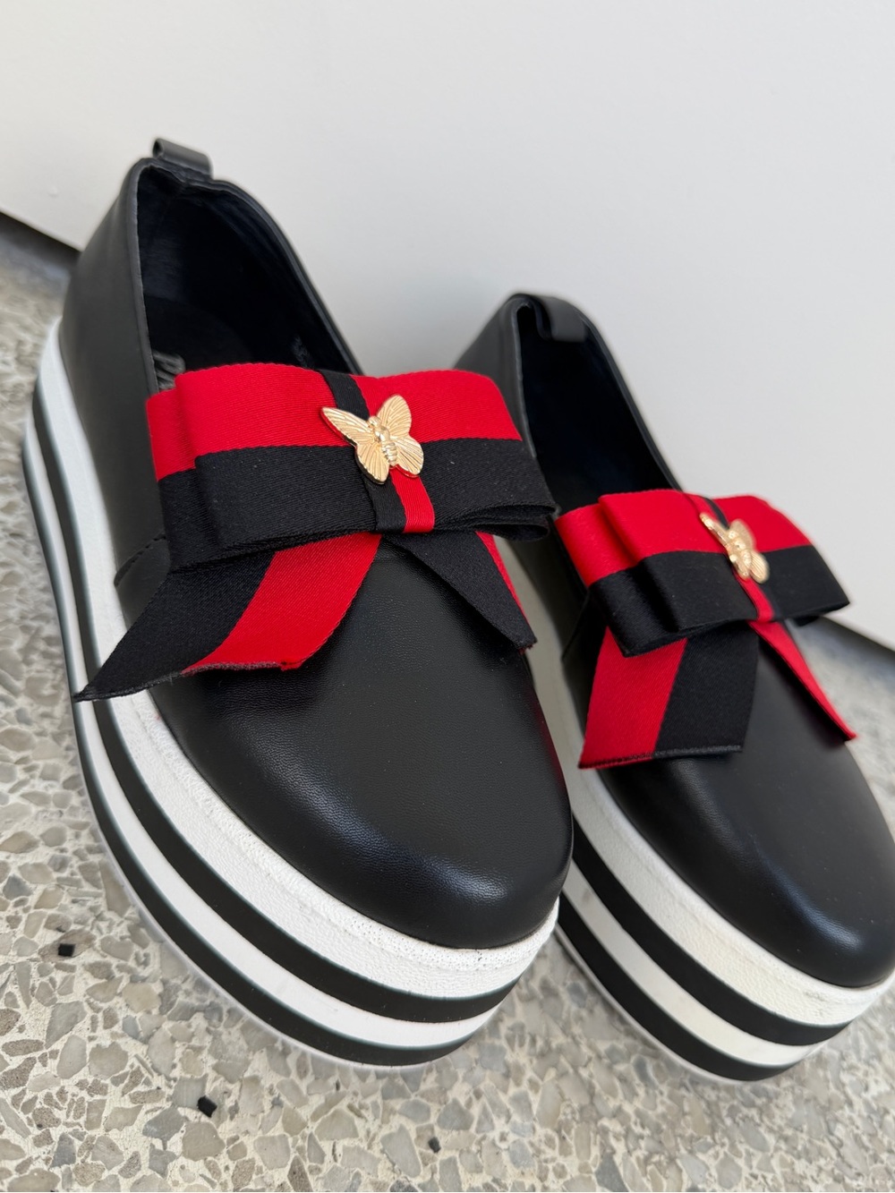 Pazzle Platform Bow Loafers Red Black Butterfly Slip On Shoes 6.5 Fits 7